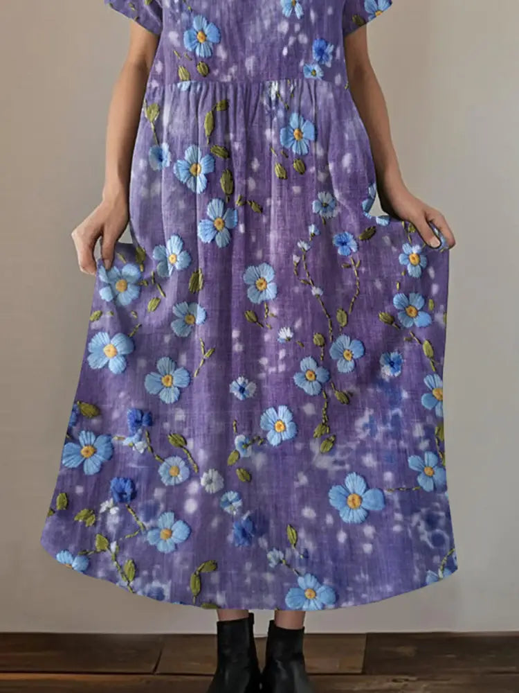 Women’s Purple Forget-Me Not Flowers Print Alzheimer’s Awareness Support V-Neck Dress Women’s Clothing