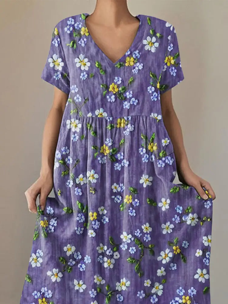 Women’s Purple Forget-Me Not Flowers Print Alzheimer’s Awareness Support V-Neck Dress Women’s Clothing