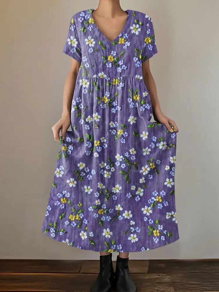 Women’s Purple Forget-Me Not Flowers Print Alzheimer’s Awareness Support V-Neck Dress Purple / S Women’s Clothing