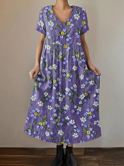 Women’s Purple Forget-Me Not Flowers Print Alzheimer’s Awareness Support V-Neck Dress Purple / S Women’s Clothing