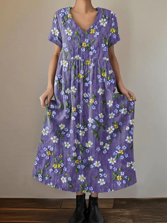 Women’s Purple Forget-Me Not Flowers Print Alzheimer’s Awareness Support V-Neck Dress Purple / S Women’s Clothing