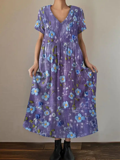 Women’s Purple Forget-Me Not Flowers Print Alzheimer’s Awareness Support V-Neck Dress Purple / S Women’s Clothing