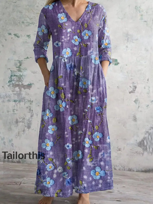 Women’s Purple Forget-Me-Not Print Alzheimer’s Awareness Support Dress Purple / S Women’s Clothing