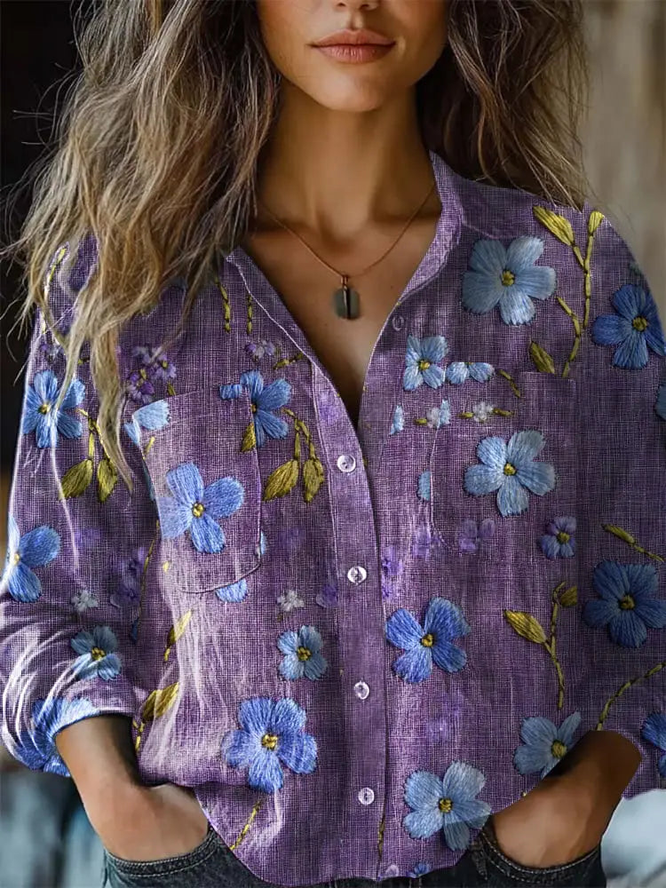 Women’s Purple Forget Me Not Print Long Sleeve Shirt Purple / S