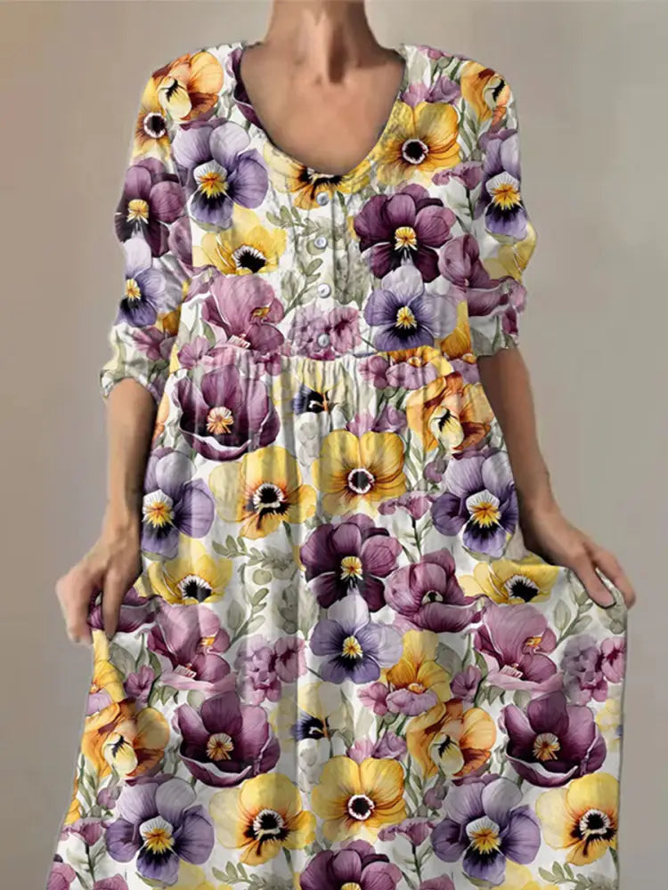 Women’s Purple Pansy Print Alzheimer’s Awareness Support Dress Women’s Clothing