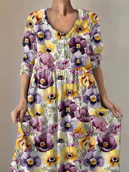Women’s Purple Pansy Print Alzheimer’s Awareness Support Dress Women’s Clothing