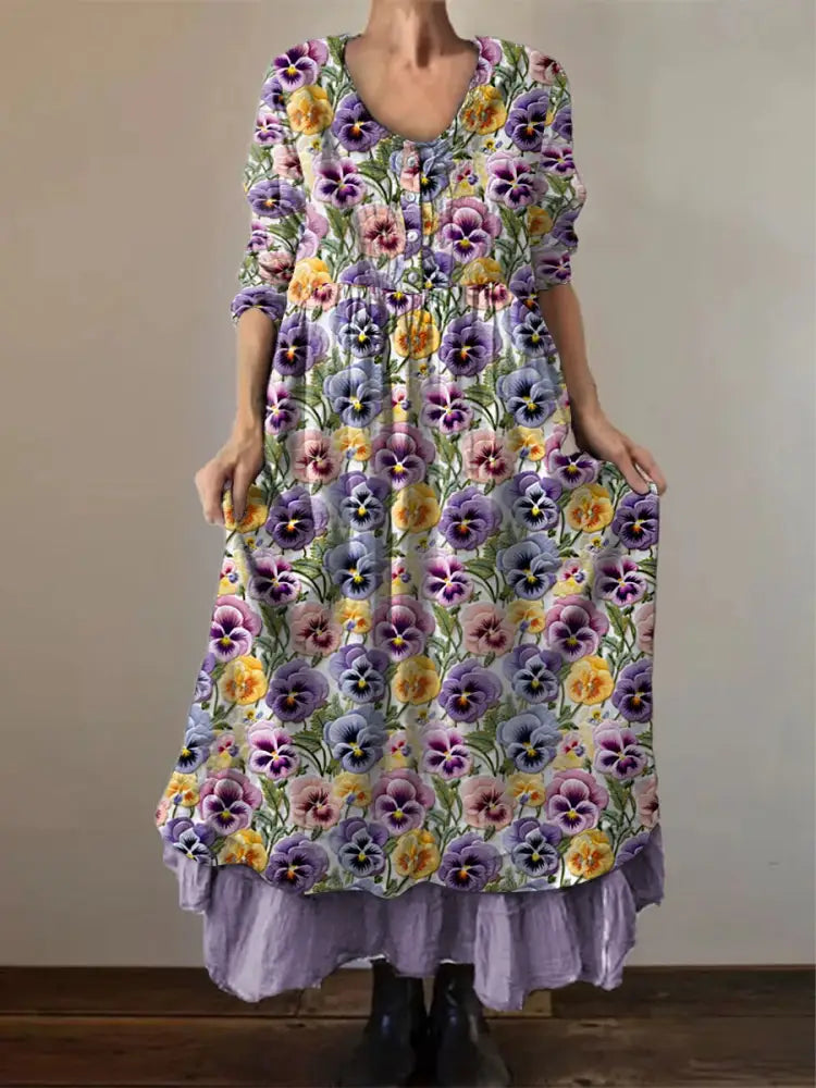 Women’s Purple Pansy Print Alzheimer’s Awareness Support Dress Purple / S Women’s Clothing