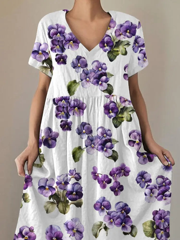 Women’s Purple Pansy Print Alzheimer’s Awareness Support Short-Sleeve Dress Women’s Clothing