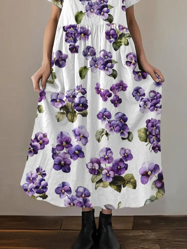 Women’s Purple Pansy Print Alzheimer’s Awareness Support Short-Sleeve Dress Women’s Clothing