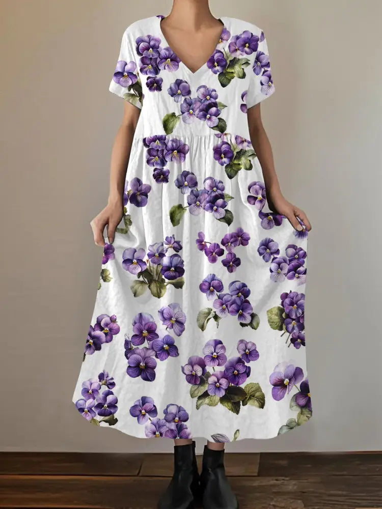Women’s Purple Pansy Print Alzheimer’s Awareness Support Short-Sleeve Dress White / S Women’s Clothing