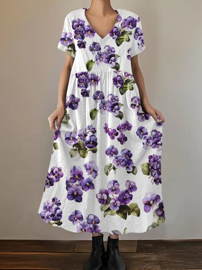 Women’s Purple Pansy Print Alzheimer’s Awareness Support Short-Sleeve Dress White / S Women’s Clothing