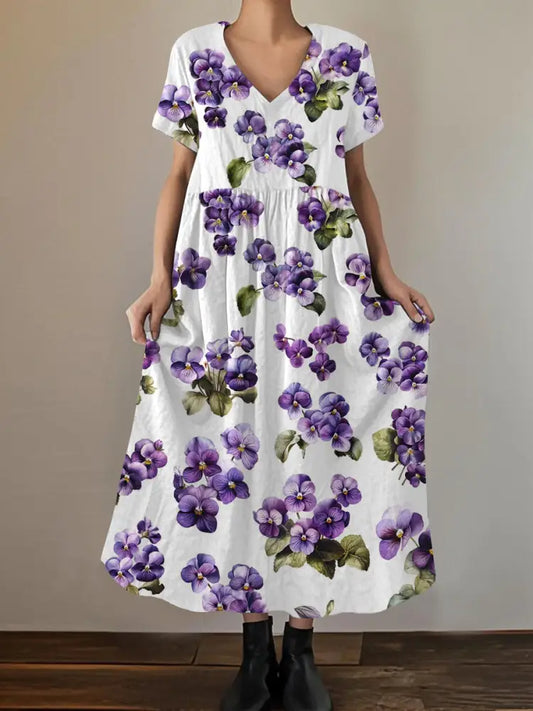 Women’s Purple Pansy Print Alzheimer’s Awareness Support Short-Sleeve Dress White / S Women’s Clothing