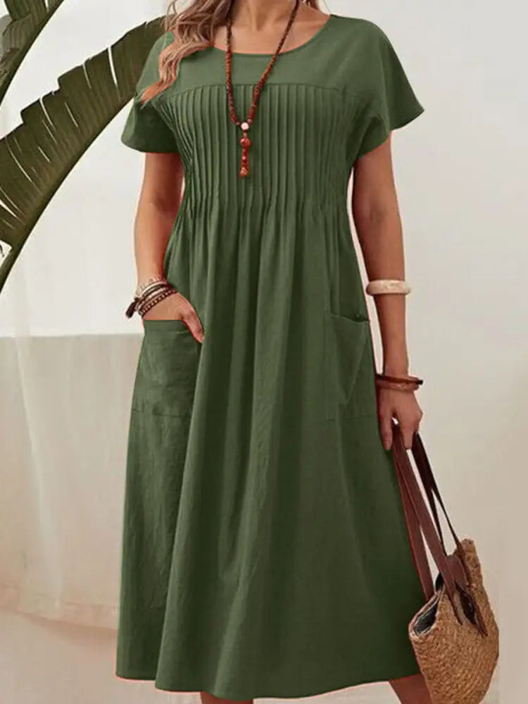 Women’s Solid Color Round Neck Pocket Pleated Short Sleeve Cotton Linen Dress Army Green / S