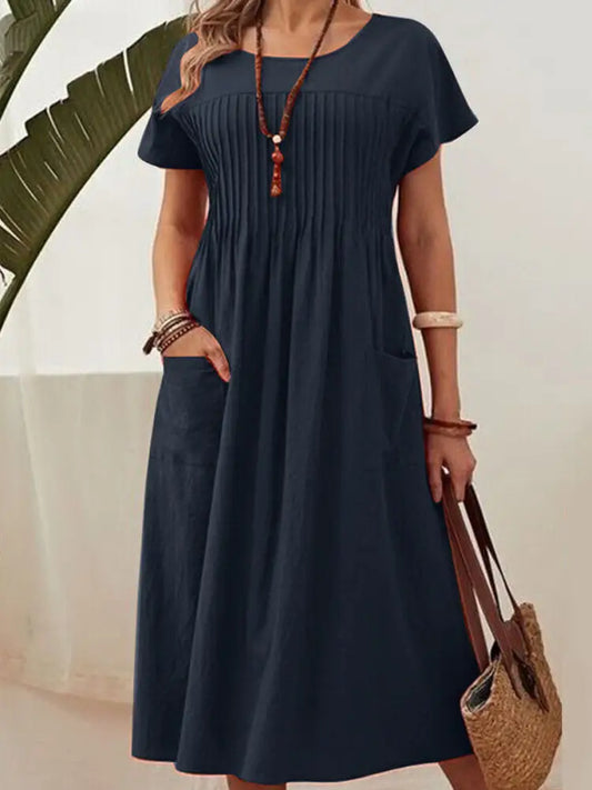 Women’s Solid Color Round Neck Pocket Pleated Short Sleeve Cotton Linen Dress Navy Blue / S