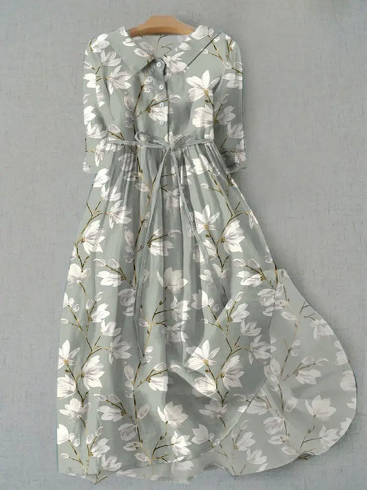 Women’s Spring and Summer Plants and Flowers Printed Dress Light Green / S Women’s Clothing