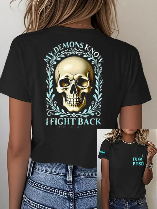 Women’s Vintage Australian Flag I Fight Back Skull Print Casual Cotton Short Sleeve T-Shirt Black / S
