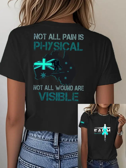 Women’s Vintage Australian Flag PTSD Disease Faith Print Casual Cotton Short Sleeve T-Shirt Black / S