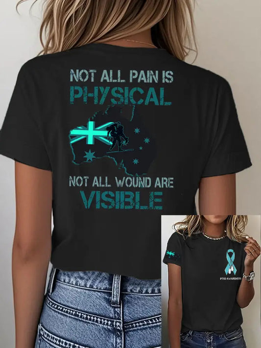 Women’s Vintage Australian Flag PTSD Disease Print Casual Cotton Short Sleeve T-Shirt Black / S