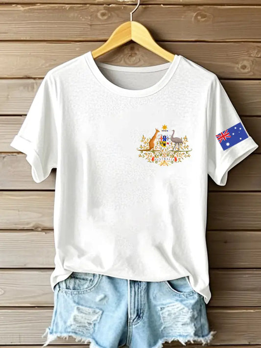 Women’s Vintage Australian Patriotic Flag Emblem Abstract Print Casual Cotton Short Sleeve T-Shirt White / S