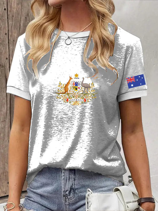 Women’s Vintage Australian Patriotic Flag Emblem Print Casual Cotton Short Sleeve T-Shirt White / S