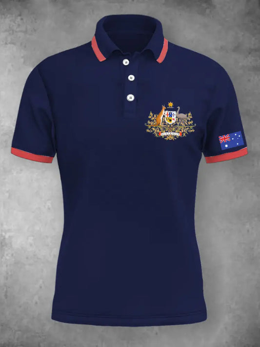 Women’s Vintage Australian Patriotic Flag Emblem Printed Casual Cotton Short Sleeve Polo Shirt Dark Blue / S