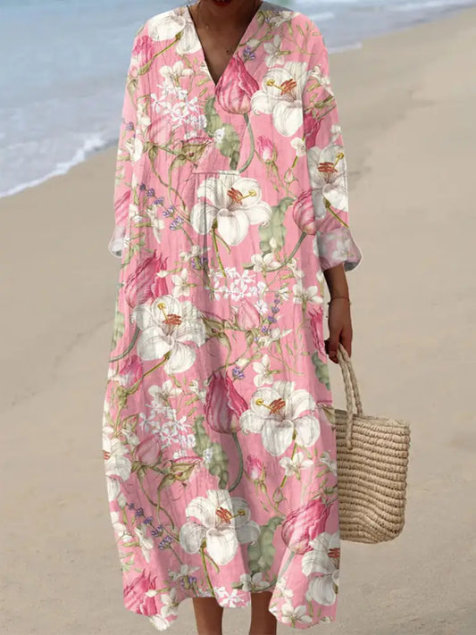 Women’s Vintage Floral Art Print Dress Pink / S Women’s Clothing