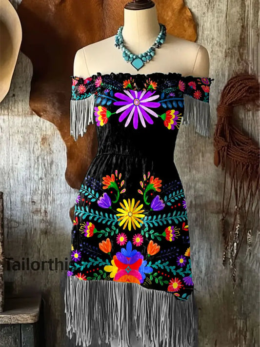 Women’s Vintage Mexican Floral Art Print Fringed Off Shoulder Midi A / S Women’s Clothing