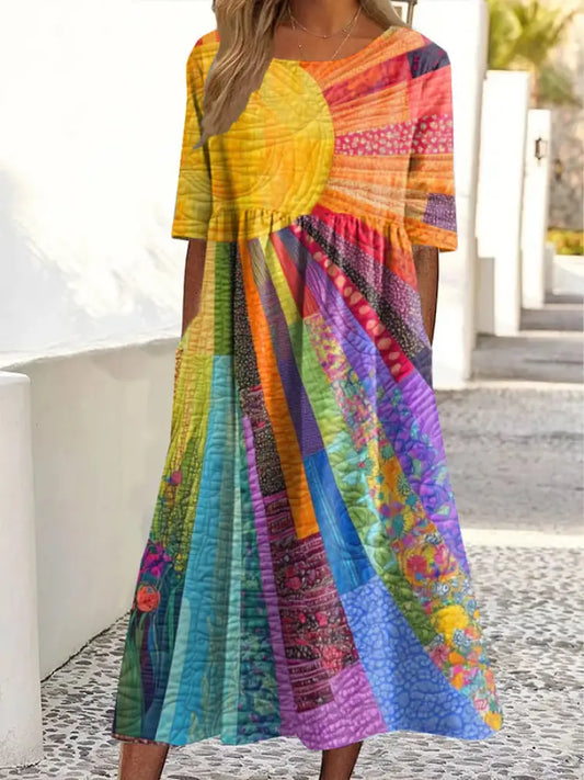 Women’s Vintage Sun Rainbow Floral Print Round Neck Pocket Dresses Colorful / S Women’s Clothing
