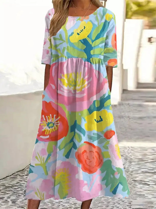 Women’s Watercolor Floral Art Print Cotton Linen Short Sleeve Pocket Dress Colorful / S Women’s Clothing